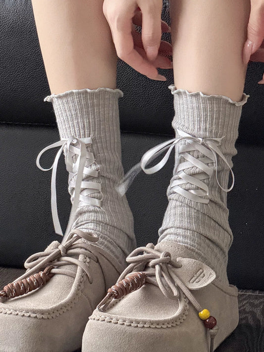 Dcxecsx | Women’s Mid-Calf Cotton Pile Socks with Front Bow Detail, Off-White and Coffee Tones for Autumn and Winter Wear