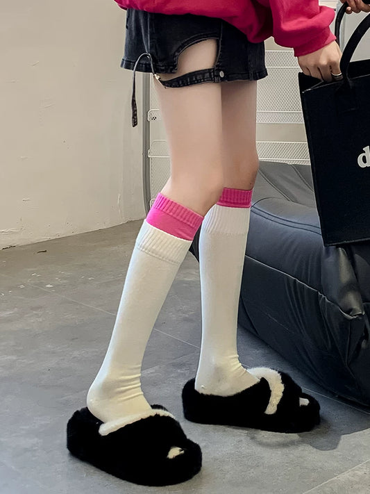 Dcxecsx | Women’s Mid-Length Calf Socks with Pink and White Contrast Color Splicing, Designed for Spring and Autumn Daily Wear